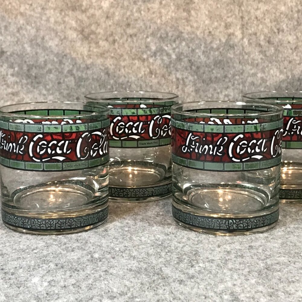 6 Coca Cola Glasses Vintage Tiffany Style Stained "Drink Coca Cola" Glass - Picture 4 of 12